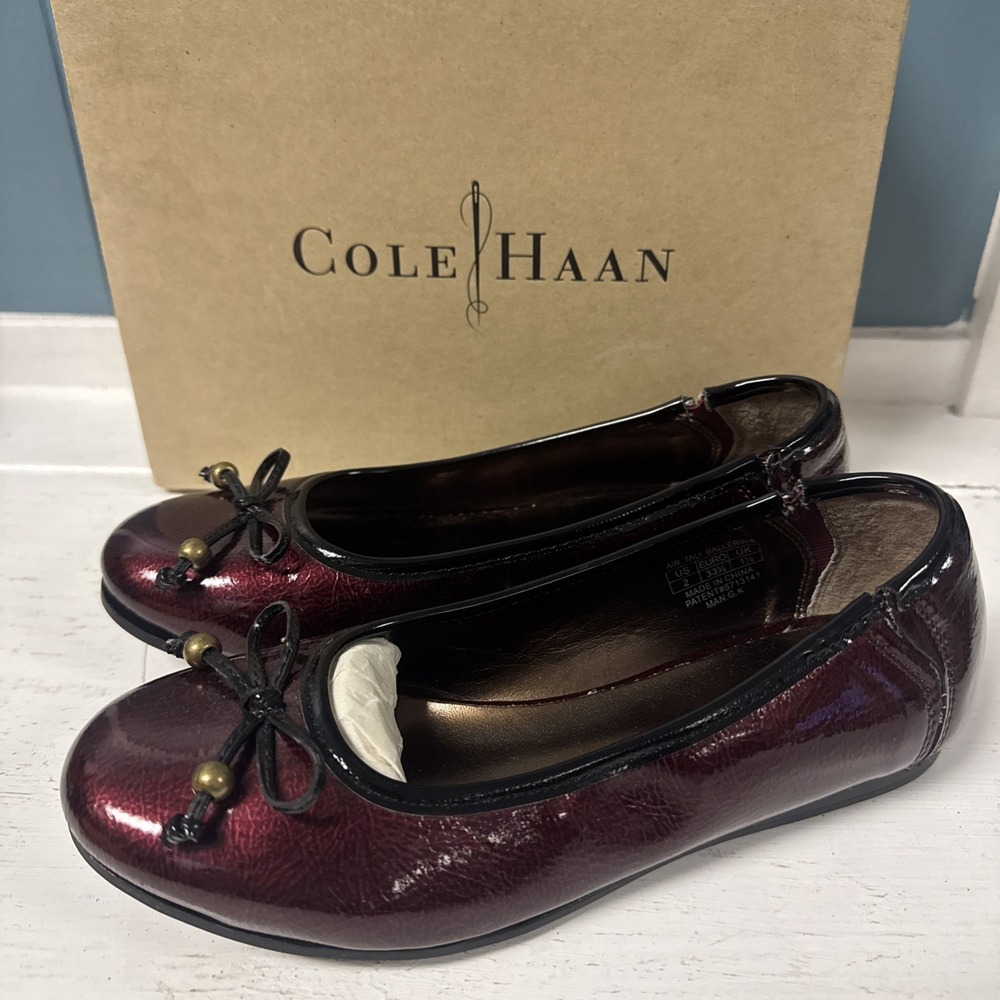 Cole Haan Air Tali Ballerina Kids Girl Sz 2 Chestnut Burgundy  Black‎ Trim *see